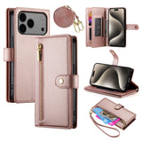 EIDERWOOD iPhone 17 Pro Max Flip Deksel med Kortholder / Glidelåslomme / Stropp - Rose Gold