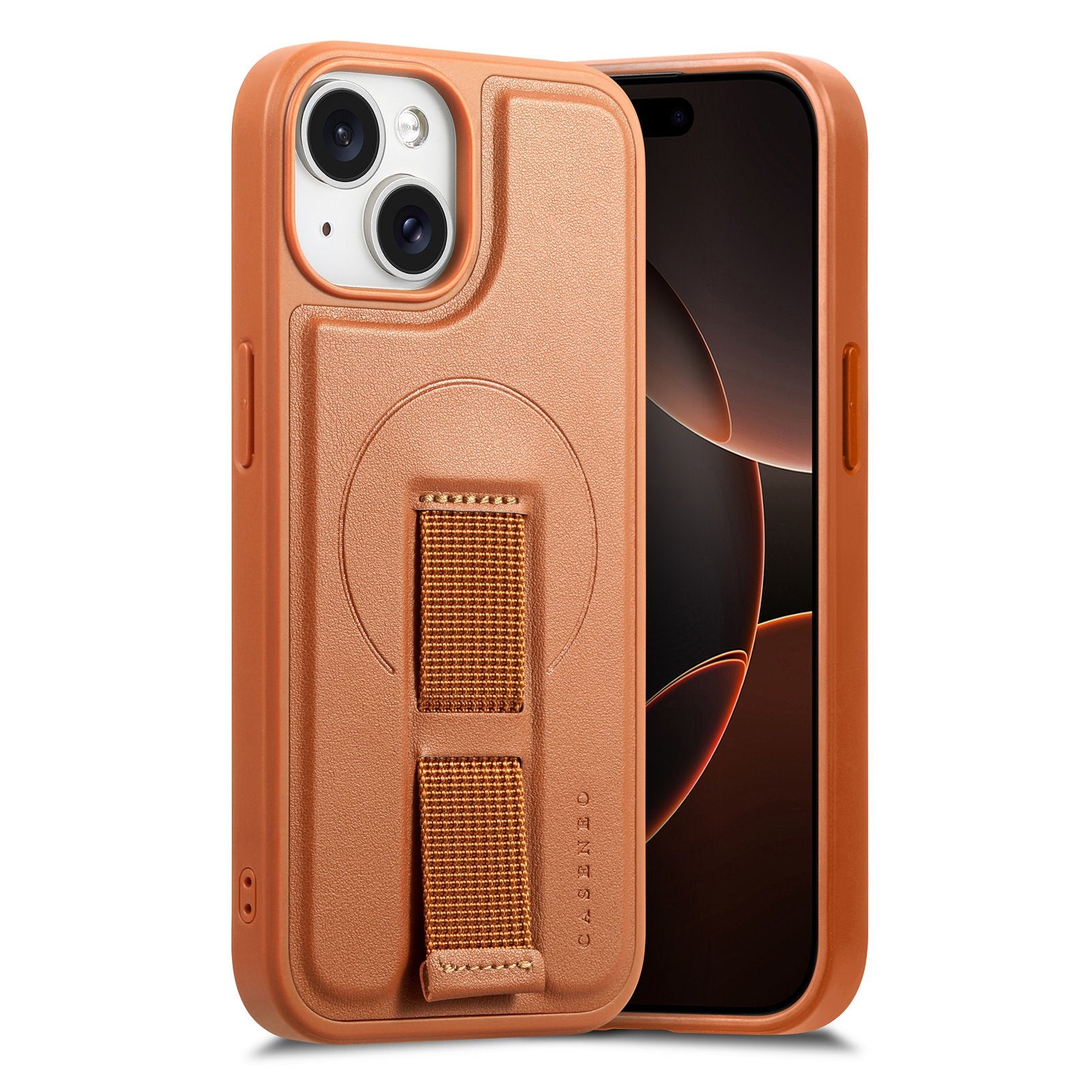 iPhone 14 / 13 Hard Plast Deksel m. Kunstskinn Bakside & Fingerrem - MagSafe Kompatibel - Brun