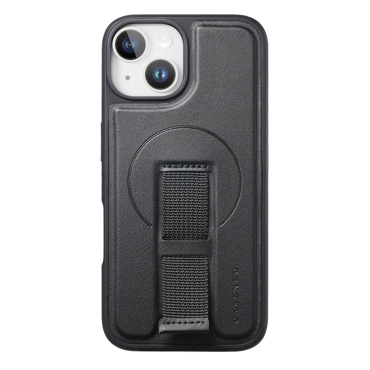 iPhone 14 / 13 Hard Plast Deksel m. Kunstskinn Bakside & Fingerrem - MagSafe Kompatibel - Svart