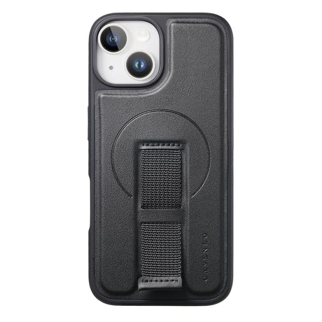 iPhone 14 / 13 Hard Plast Deksel m. Kunstskinn Bakside & Fingerrem - MagSafe Kompatibel - Svart