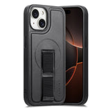 iPhone 14 / 13 Hard Plast Deksel m. Kunstskinn Bakside & Fingerrem - MagSafe Kompatibel - Svart