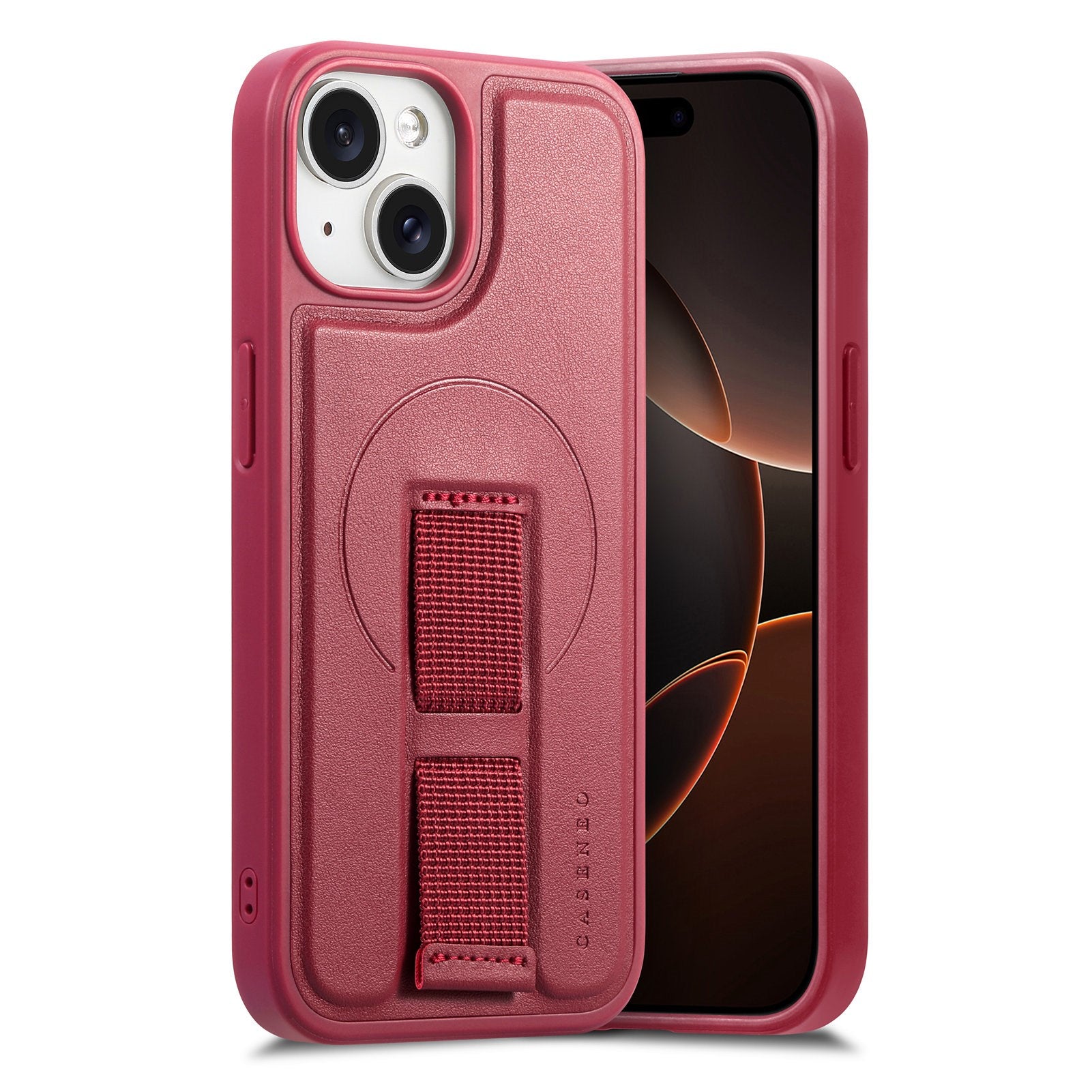 iPhone 14 / 13 Hard Plast Deksel m. Kunstskinn Bakside & Fingerrem - MagSafe Kompatibel - Rød