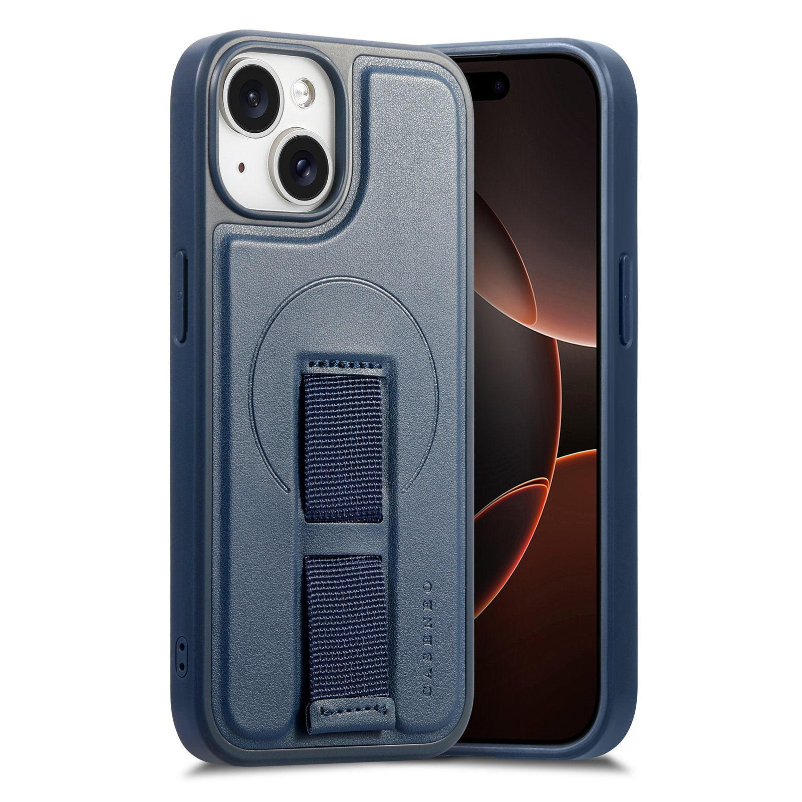 iPhone 14 / 13 Hard Plast Deksel m. Kunstskinn Bakside & Fingerrem - MagSafe Kompatibel - Blå