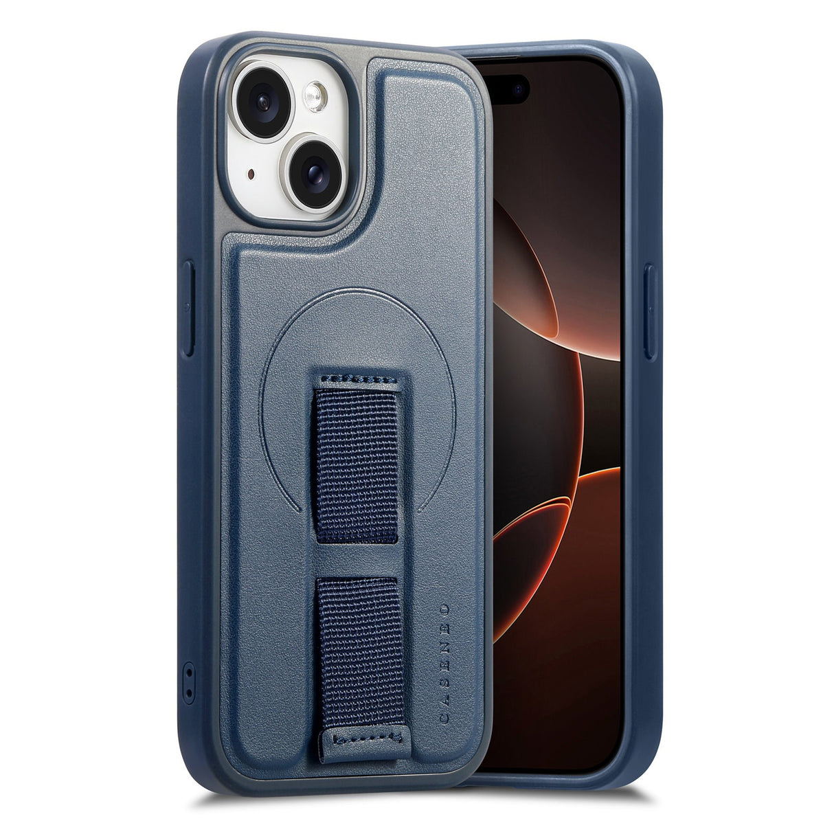 iPhone 14 / 13 Hard Plast Deksel m. Kunstskinn Bakside & Fingerrem - MagSafe Kompatibel - Blå