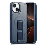 iPhone 14 / 13 Hard Plast Deksel m. Kunstskinn Bakside & Fingerrem - MagSafe Kompatibel - Blå