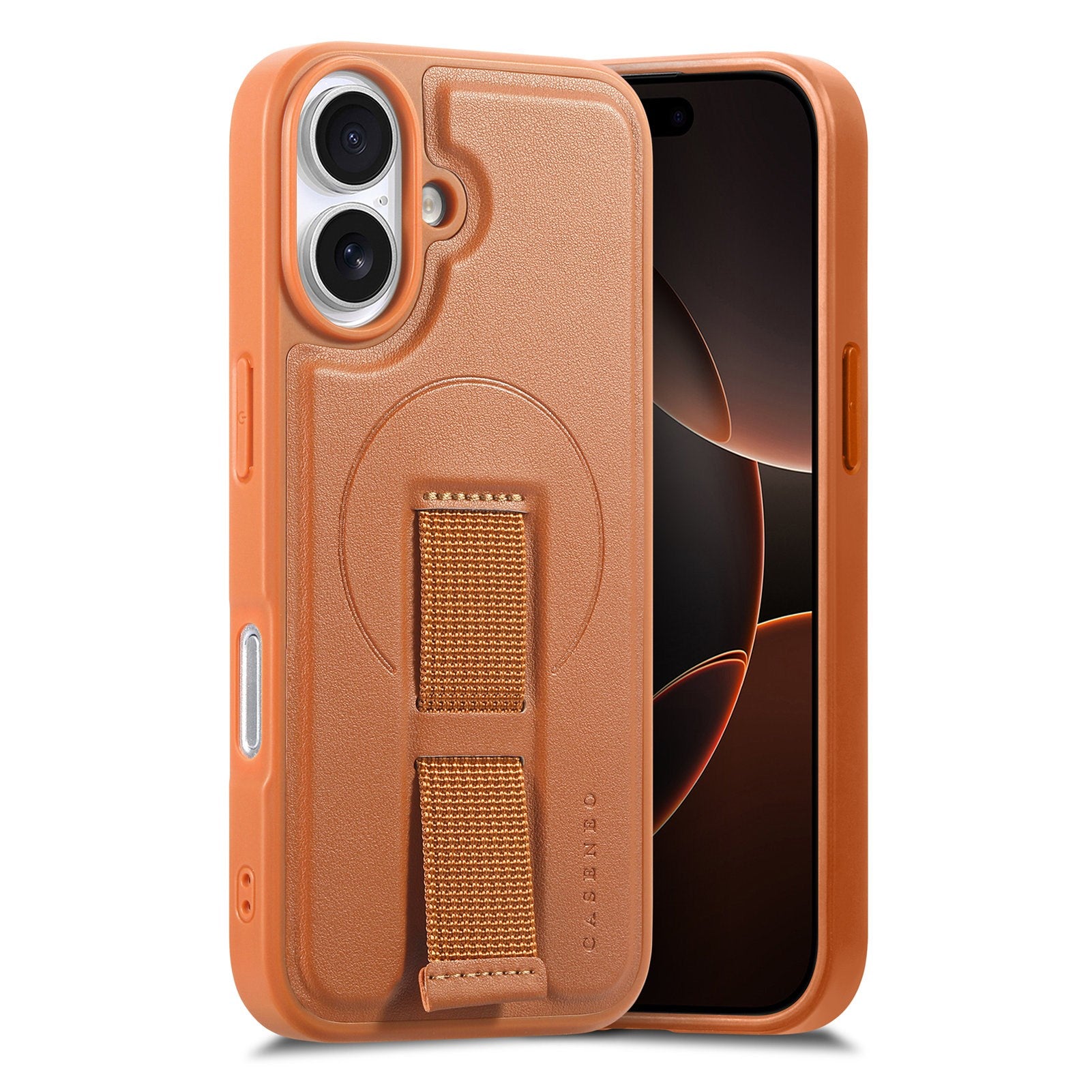 iPhone 16 Hard Plast Deksel m. Kunstskinn Bakside & Fingerrem - MagSafe Kompatibel - Brun