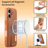 iPhone 16 Hard Plast Deksel m. Kunstskinn Bakside & Fingerrem - MagSafe Kompatibel - Brun