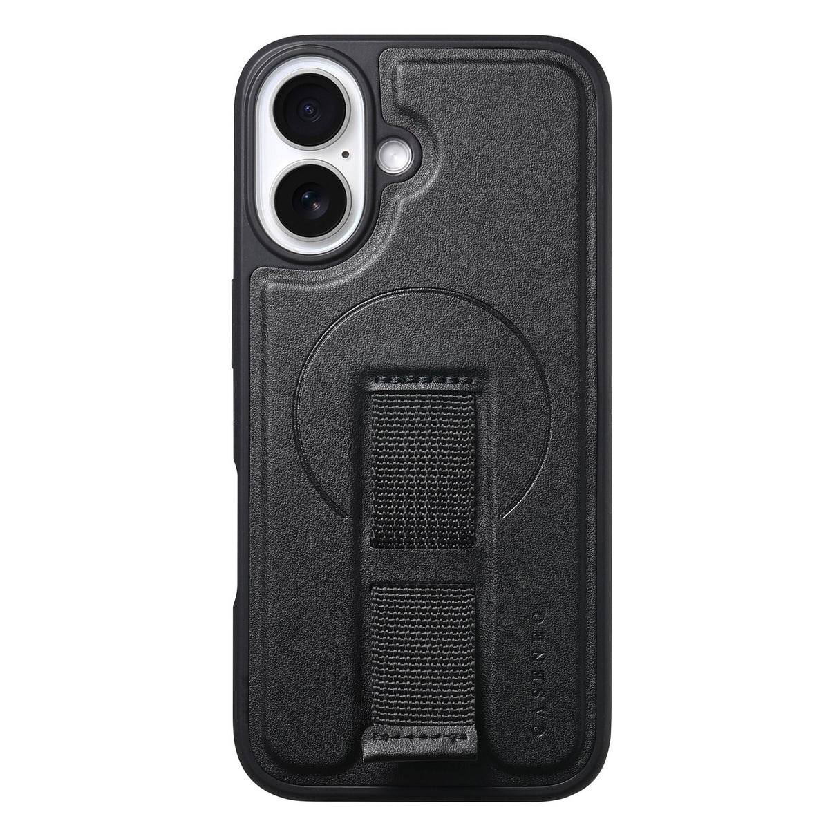 iPhone 16 Hard Plast Deksel m. Kunstskinn Bakside & Fingerrem - MagSafe Kompatibel - Svart