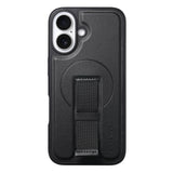 iPhone 16 Hard Plast Deksel m. Kunstskinn Bakside & Fingerrem - MagSafe Kompatibel - Svart