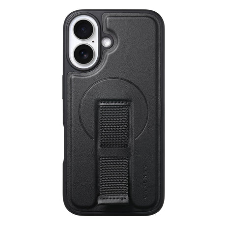 iPhone 16 Hard Plast Deksel m. Kunstskinn Bakside & Fingerrem - MagSafe Kompatibel - Svart