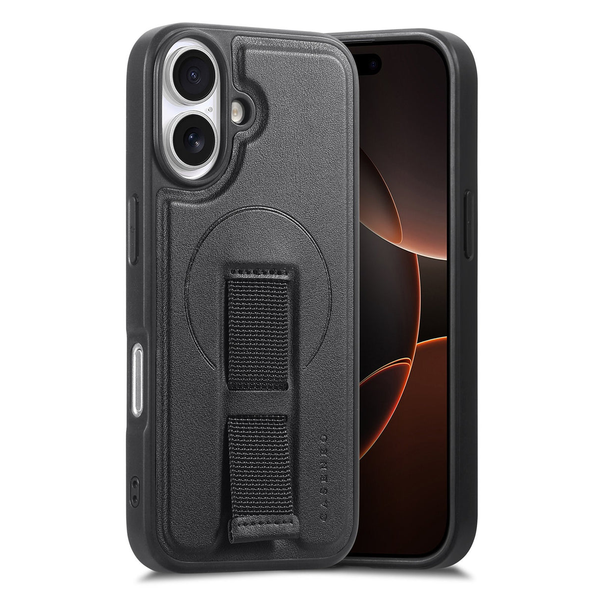 iPhone 16 Hard Plast Deksel m. Kunstskinn Bakside & Fingerrem - MagSafe Kompatibel - Svart