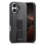 iPhone 16 Hard Plast Deksel m. Kunstskinn Bakside & Fingerrem - MagSafe Kompatibel - Svart