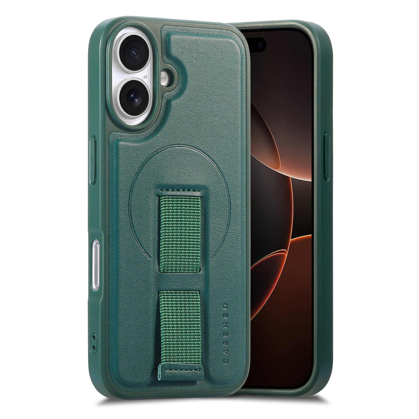 iPhone 16 Hard Plast Deksel m. Kunstskinn Bakside & Fingerrem - MagSafe Kompatibel - Grønn