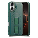 iPhone 16 Hard Plast Deksel m. Kunstskinn Bakside & Fingerrem - MagSafe Kompatibel - Grønn