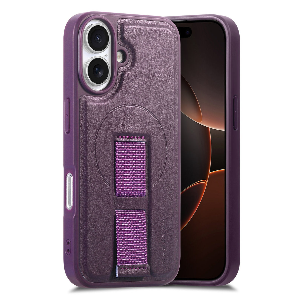 iPhone 16 Hard Plast Deksel m. Kunstskinn Bakside & Fingerrem - MagSafe Kompatibel - Lilla