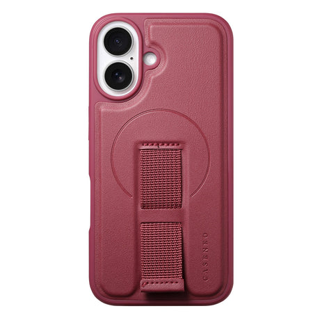 iPhone 16 Hard Plast Deksel m. Kunstskinn Bakside & Fingerrem - MagSafe Kompatibel - Rød