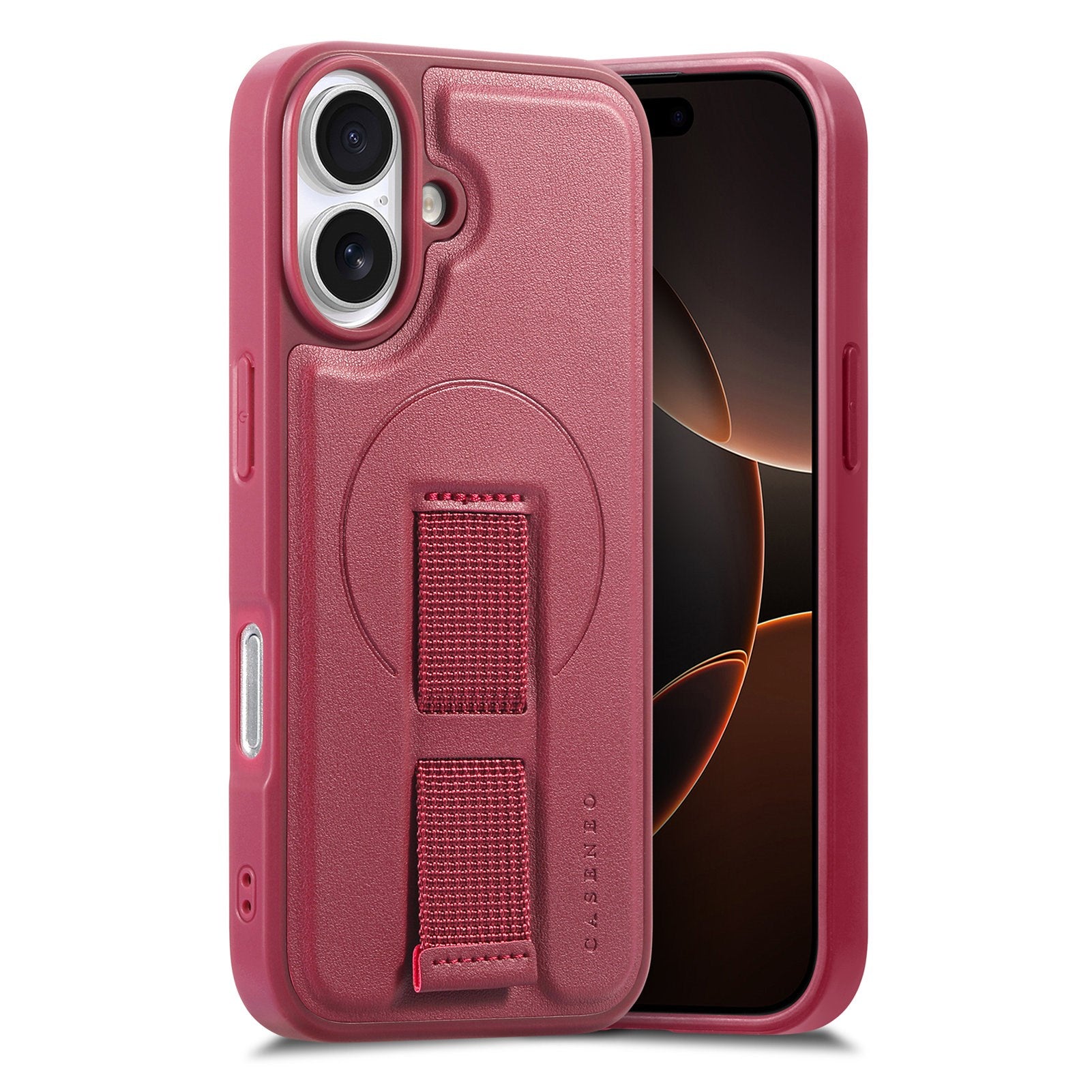 iPhone 16 Hard Plast Deksel m. Kunstskinn Bakside & Fingerrem - MagSafe Kompatibel - Rød