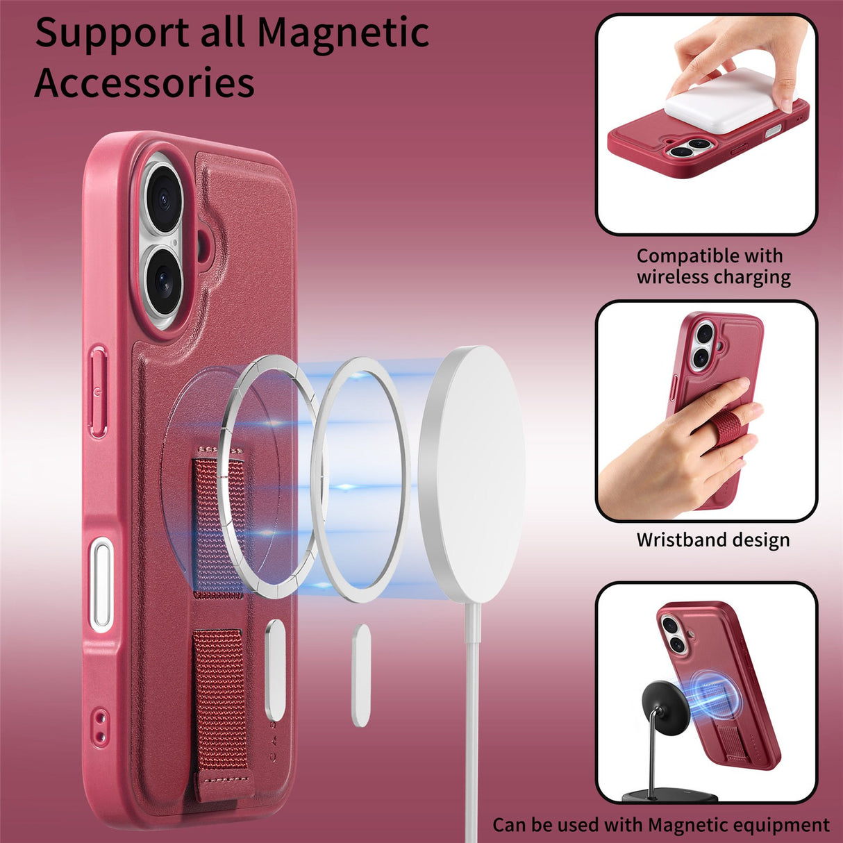 iPhone 16 Hard Plast Deksel m. Kunstskinn Bakside & Fingerrem - MagSafe Kompatibel - Rød