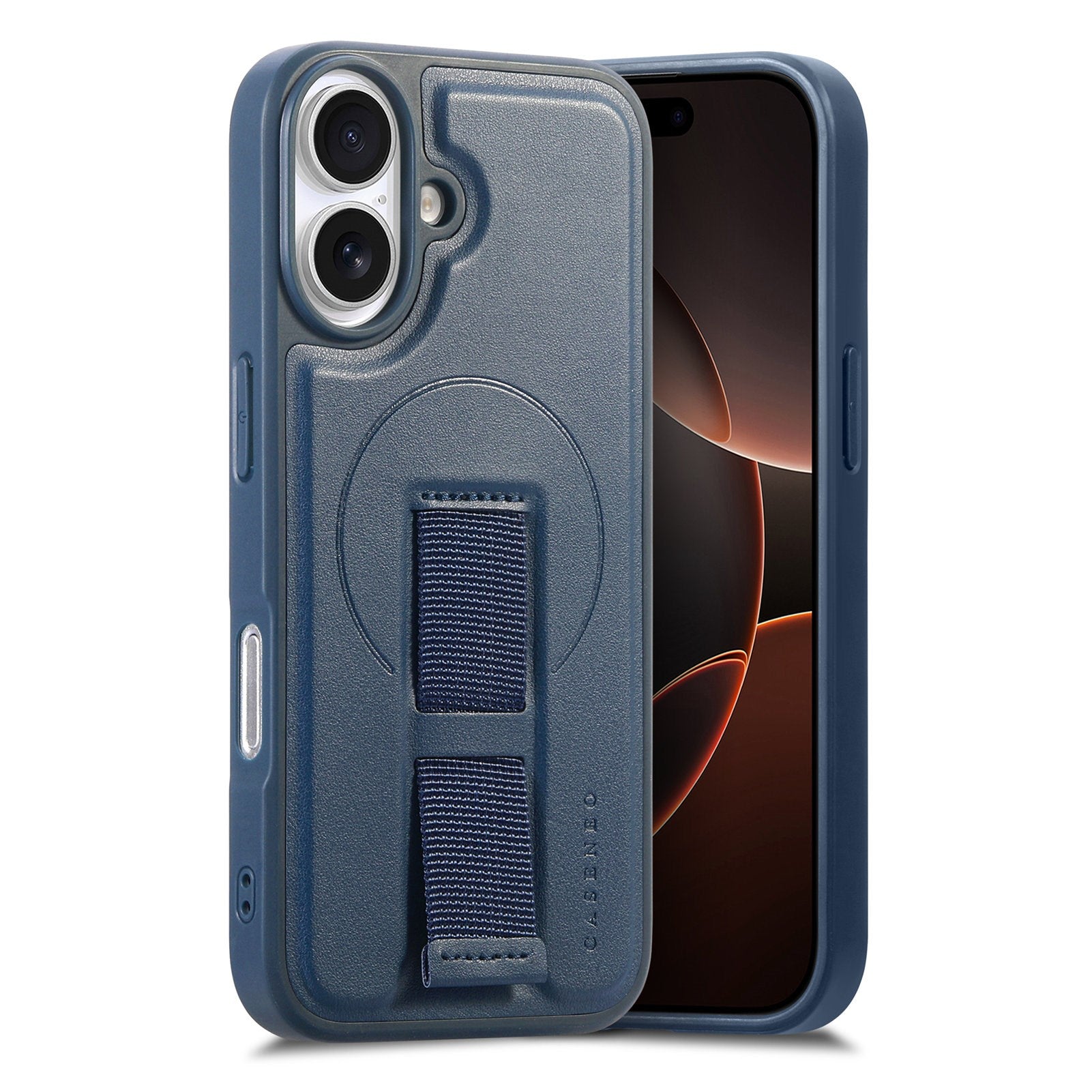 iPhone 16 Hard Plast Deksel m. Kunstskinn Bakside & Fingerrem - MagSafe Kompatibel - Blå