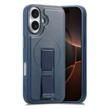 iPhone 16 Hard Plast Deksel m. Kunstskinn Bakside & Fingerrem - MagSafe Kompatibel - Blå