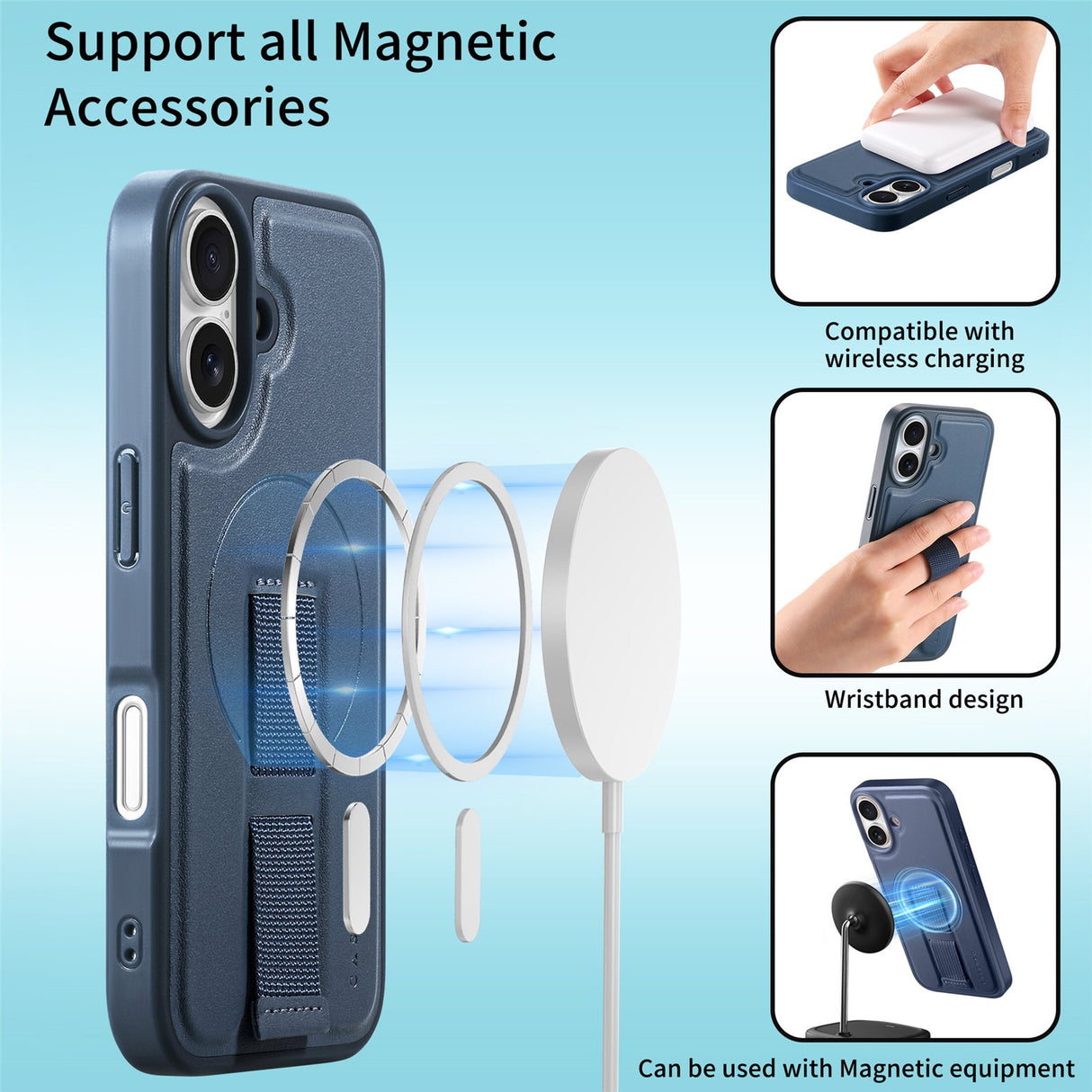 iPhone 16 Hard Plast Deksel m. Kunstskinn Bakside & Fingerrem - MagSafe Kompatibel - Blå