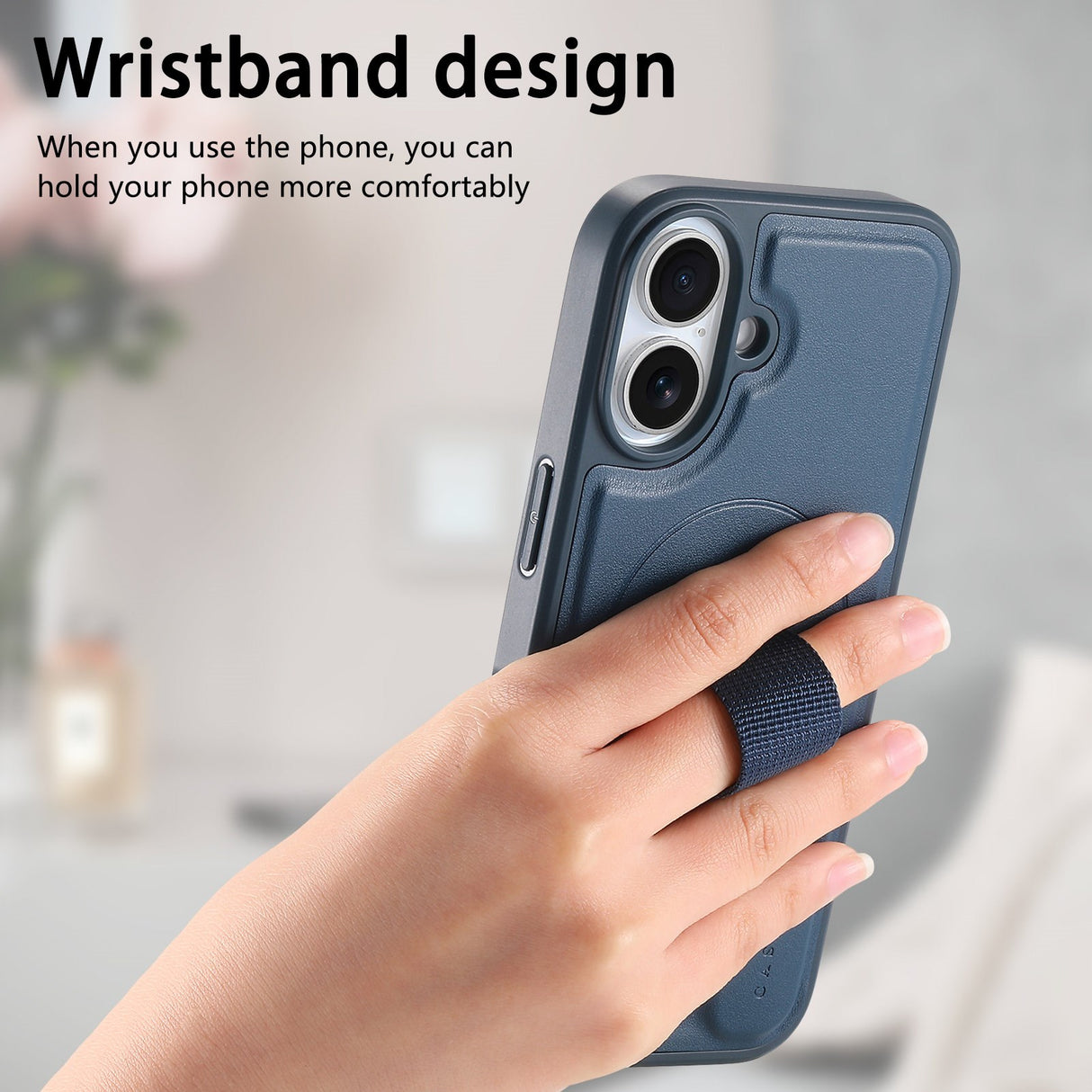 iPhone 16 Hard Plast Deksel m. Kunstskinn Bakside & Fingerrem - MagSafe Kompatibel - Blå