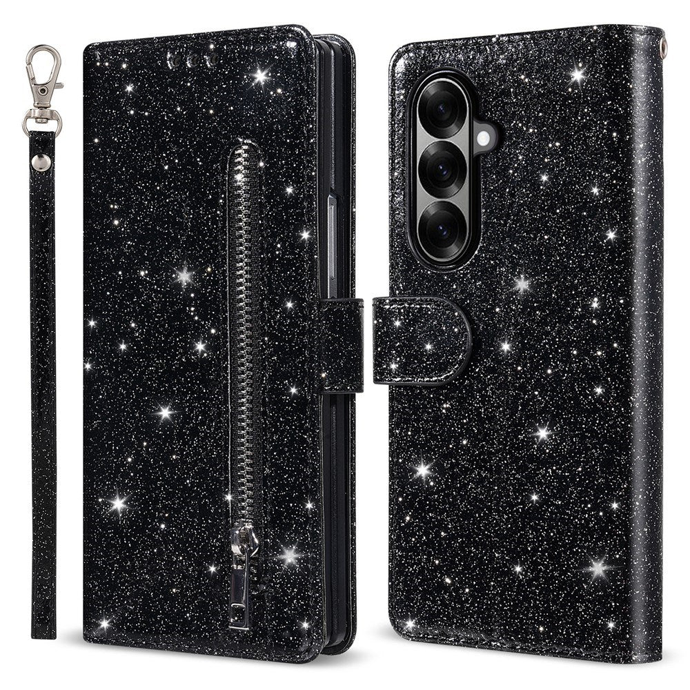 EIDERWOOD Samsung Galaxy Z Fold7 Glitter Flip Deksel m. Lommebok & Stropp - Svart