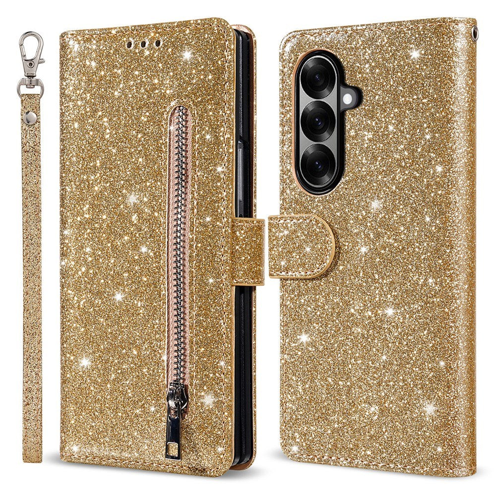 EIDERWOOD Samsung Galaxy Z Fold7 Glitter Flip Deksel m. Lommebok & Stropp - Gull