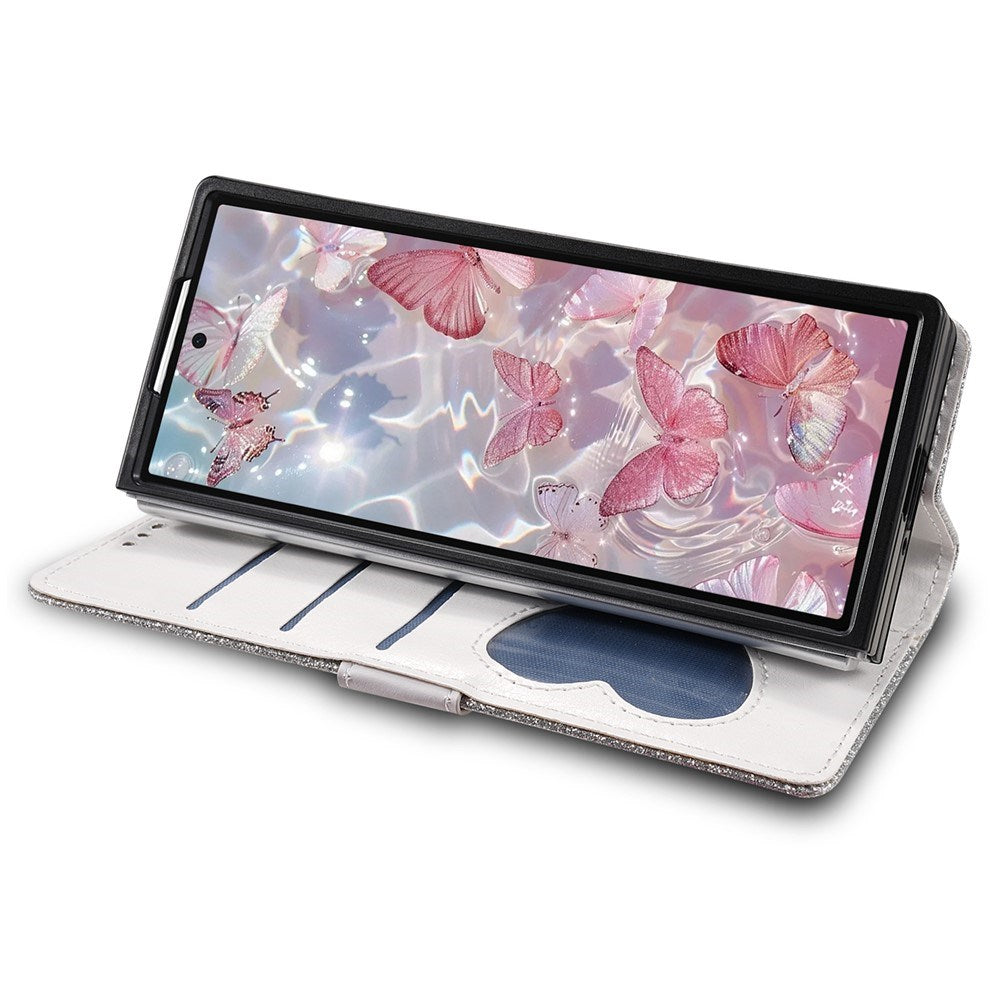 EIDERWOOD Samsung Galaxy Z Fold7 Glitter Flip Deksel m. Lommebok & Stropp - Sølv