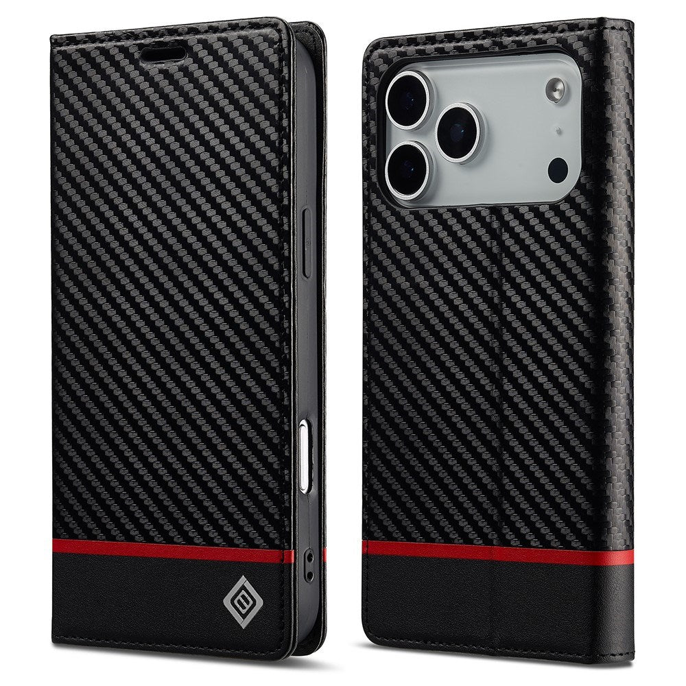 iPhone 18 Pro / 17 Pro LC.IMEEKE Kunstskinn Flip Deksel med Karbonfiber - Svart / Rød Horisontal Stripe