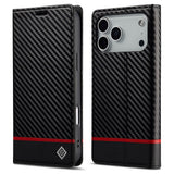 iPhone 18 Pro / 17 Pro LC.IMEEKE Kunstskinn Flip Deksel med Karbonfiber - Svart / Rød Horisontal Stripe