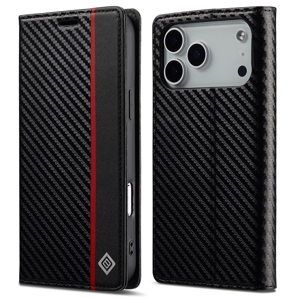 iPhone 18 Pro / 17 Pro LC.IMEEKE Kunstskinn Flip Deksel med Karbonfiber - Svart / Rød Vertikal Stripe