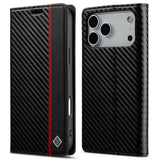 iPhone 18 Pro / 17 Pro LC.IMEEKE Kunstskinn Flip Deksel med Karbonfiber - Svart / Rød Vertikal Stripe