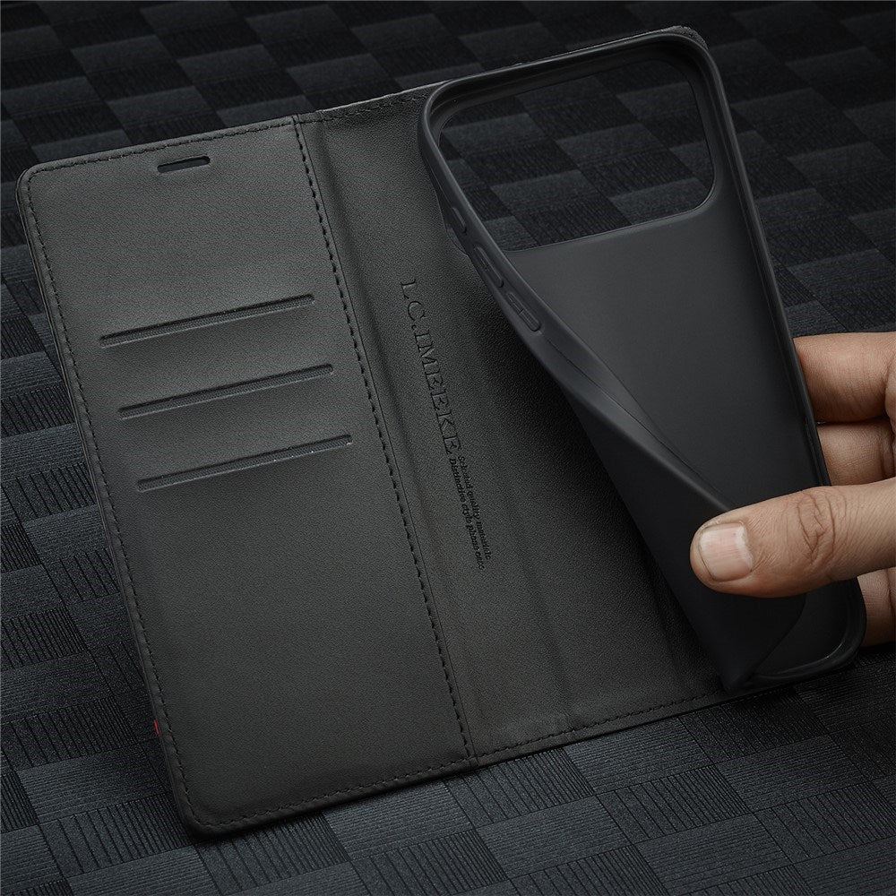 iPhone 18 Pro / 17 Pro LC.IMEEKE Kunstskinn Flip Deksel med Karbonfiber - Svart / Rød Vertikal Stripe