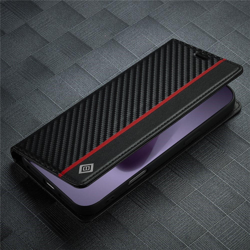 iPhone 18 Pro Max / 17 Pro Max LC.IMEEKE Kunstskinn Flip Deksel med Karbonfiber - Svart / Rød Vertikal Stripe
