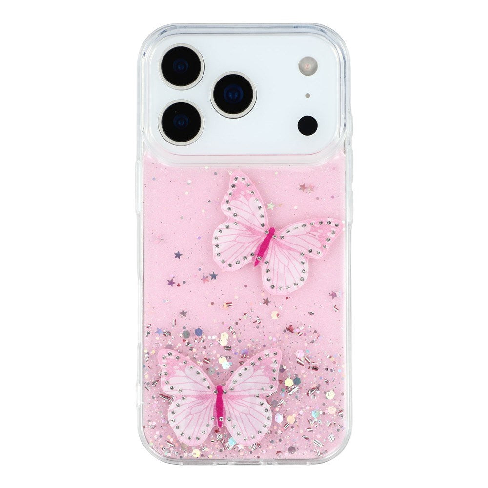 EIDERWOOD iPhone 17 Pro Max Fleksibelt Plast Deksel med Sommerfugler - Gjennomsiktig / Rosa