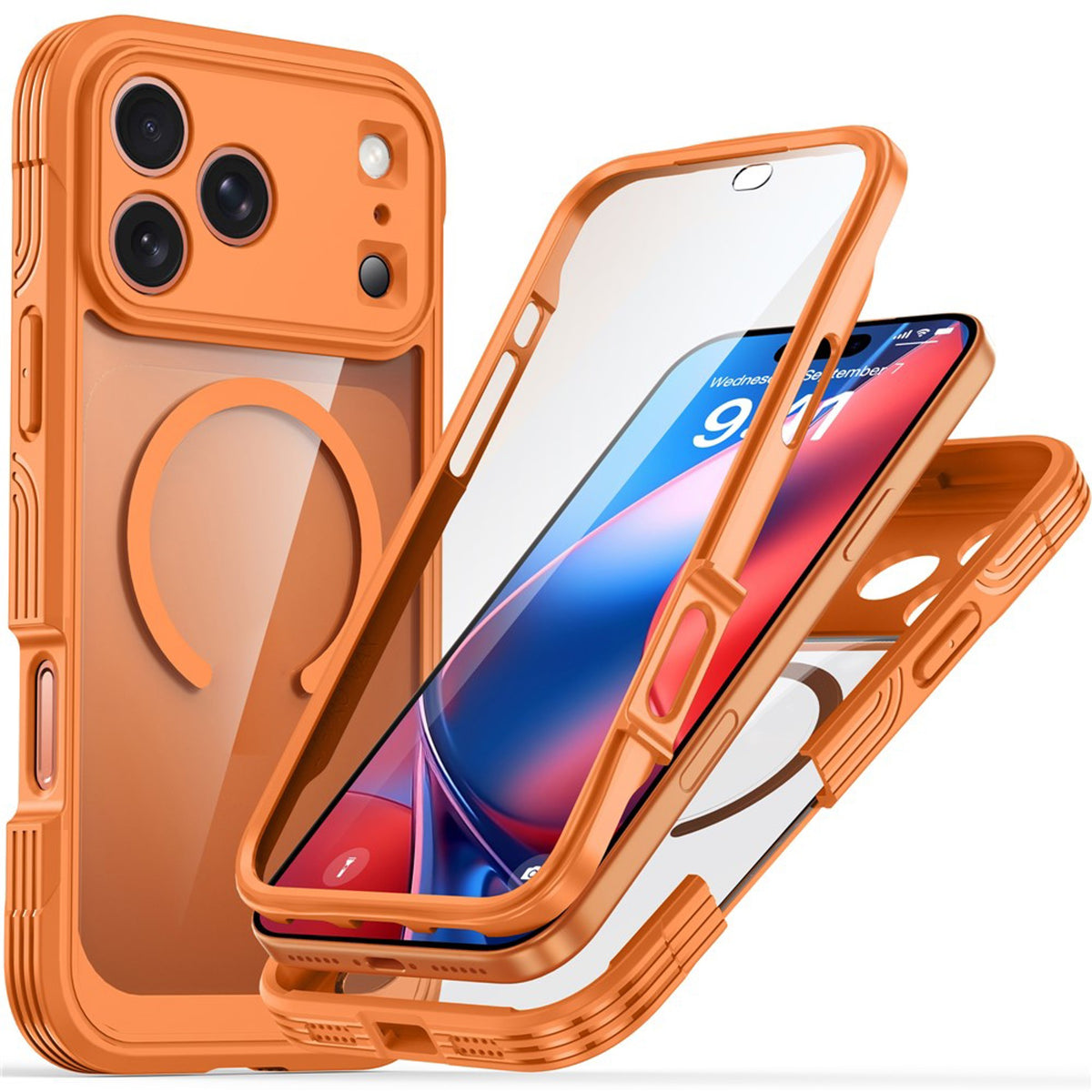 iPhone 18 Pro / 17 Pro Hybrid Plast Deksel m. Innebygd Skjermbeskyttelse - MagSafe Kompatibel - Gjennomsiktig / Oransje