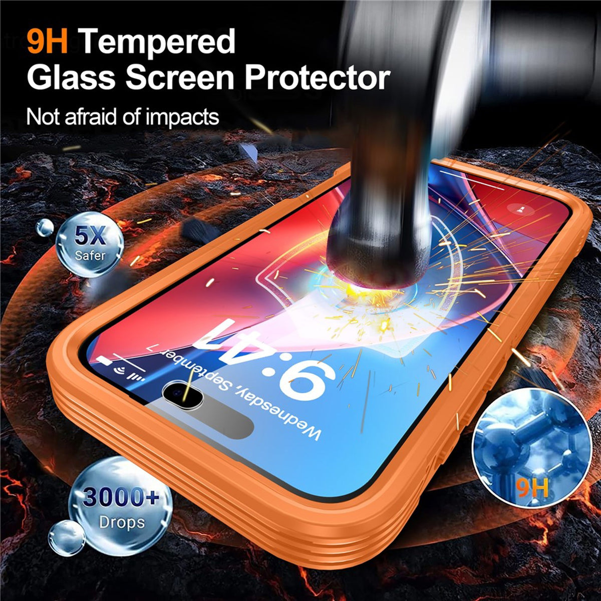 iPhone 18 Pro / 17 Pro Hybrid Plast Deksel m. Innebygd Skjermbeskyttelse - MagSafe Kompatibel - Gjennomsiktig / Oransje