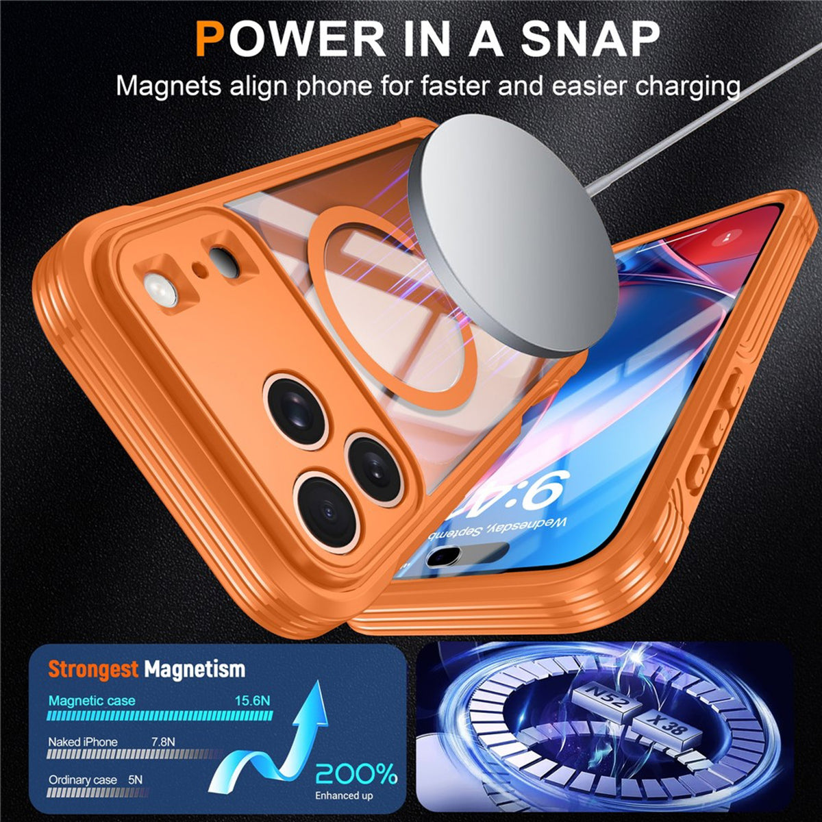 iPhone 18 Pro / 17 Pro Hybrid Plast Deksel m. Innebygd Skjermbeskyttelse - MagSafe Kompatibel - Gjennomsiktig / Oransje