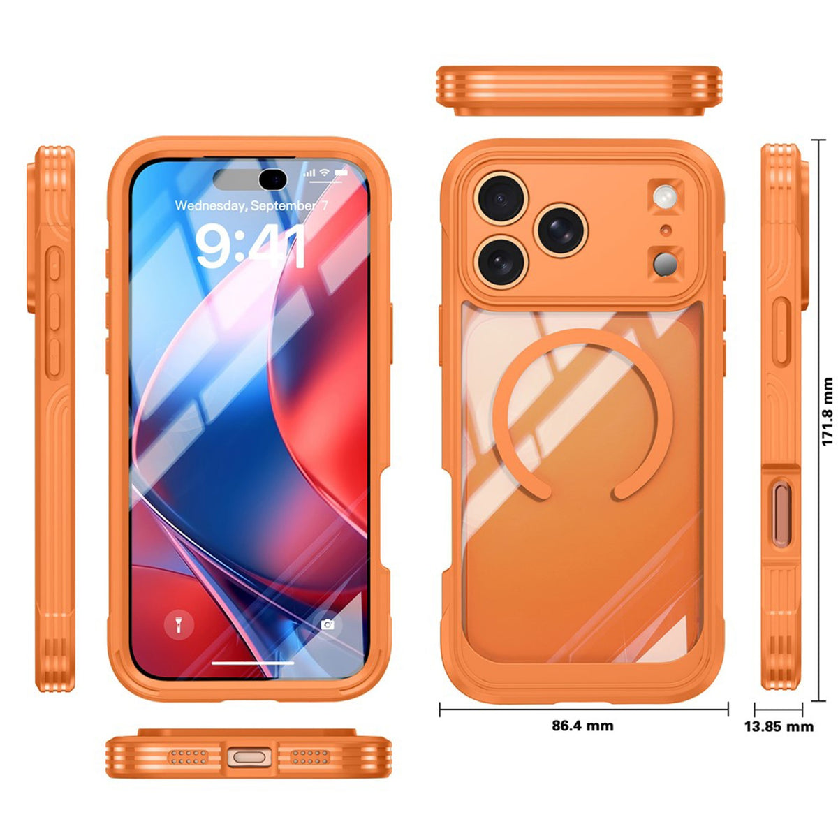iPhone 18 Pro / 17 Pro Hybrid Plast Deksel m. Innebygd Skjermbeskyttelse - MagSafe Kompatibel - Gjennomsiktig / Oransje