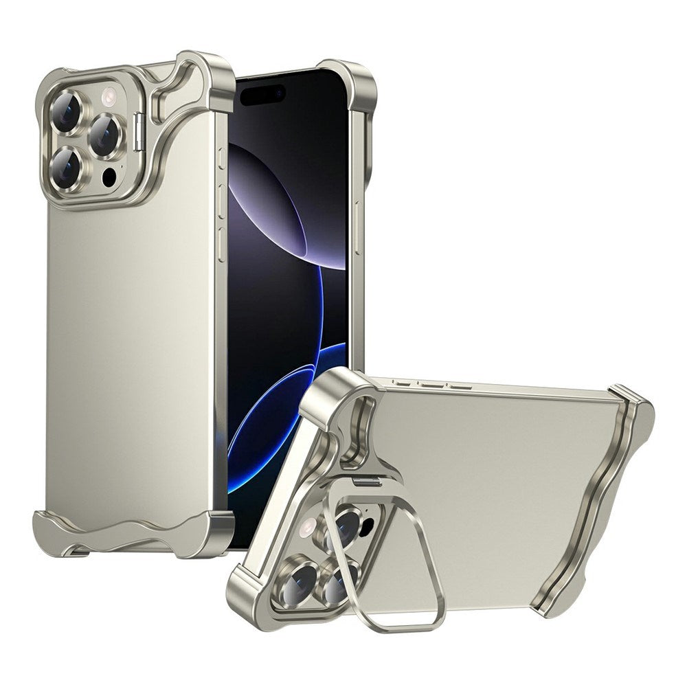 iPhone 16 Pro Todelt Metall Bumper Deksel m. Støttefunksjon & Linsebeskytter - Titanium