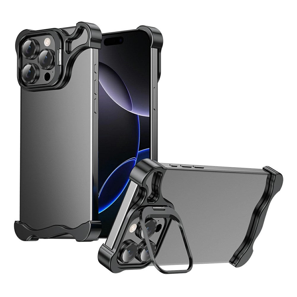 iPhone 16 Pro Todelt Metall Bumper Deksel m. Støttefunksjon & Linsebeskytter - Svart