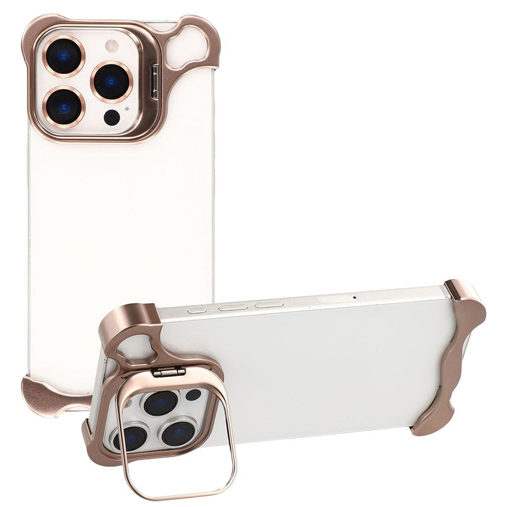 iPhone 16 Pro Todelt Metall Bumper Deksel m. Støttefunksjon & Linsebeskytter - Gull