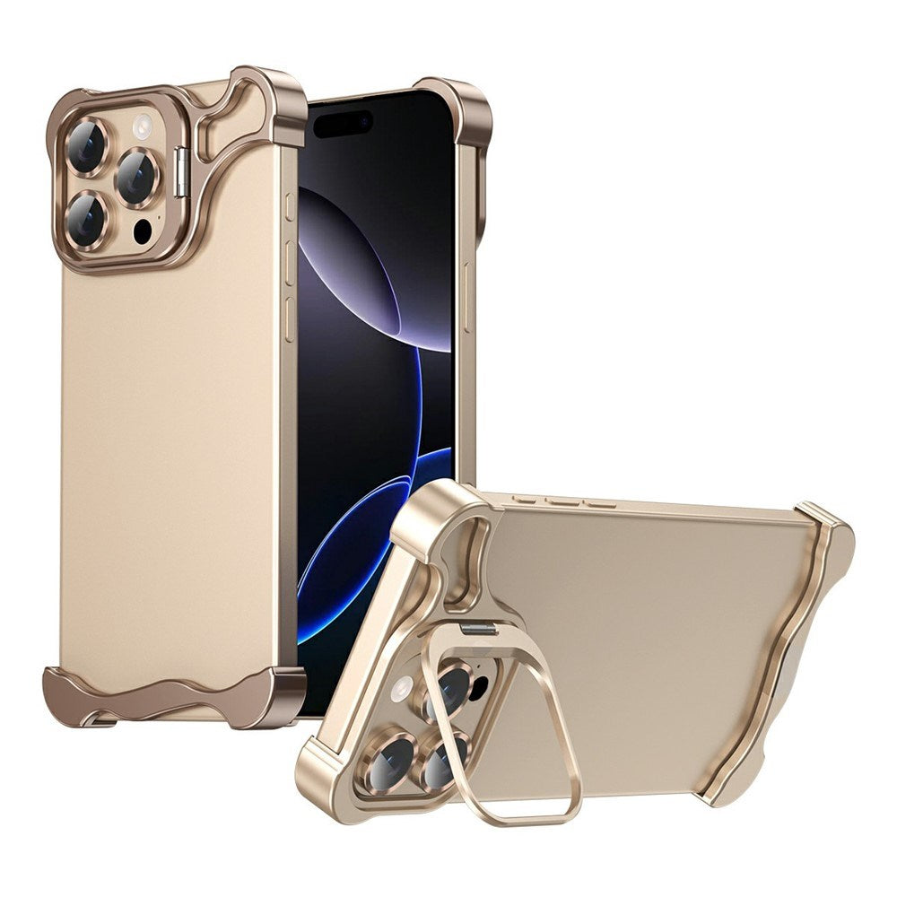 iPhone 16 Pro Todelt Metall Bumper Deksel m. Støttefunksjon & Linsebeskytter - Gull