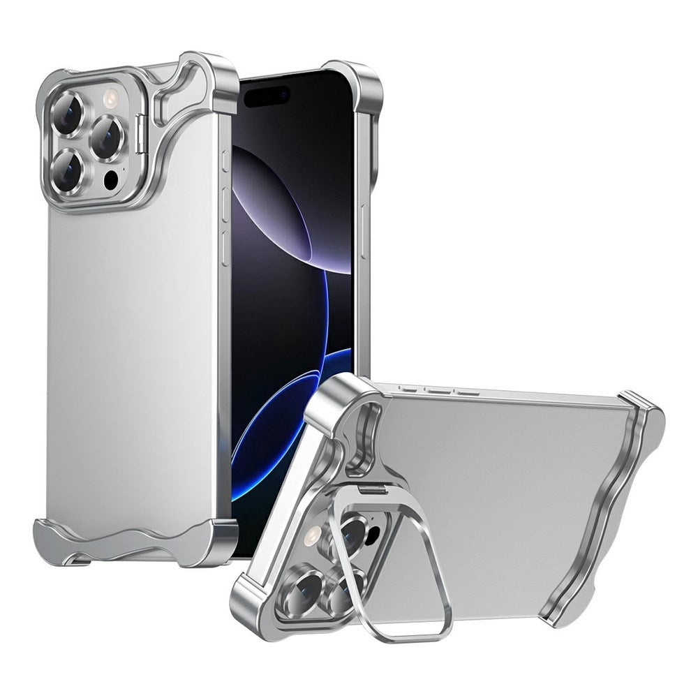 iPhone 16 Pro Todelt Metall Bumper Deksel m. Støttefunksjon & Linsebeskytter - Sølv