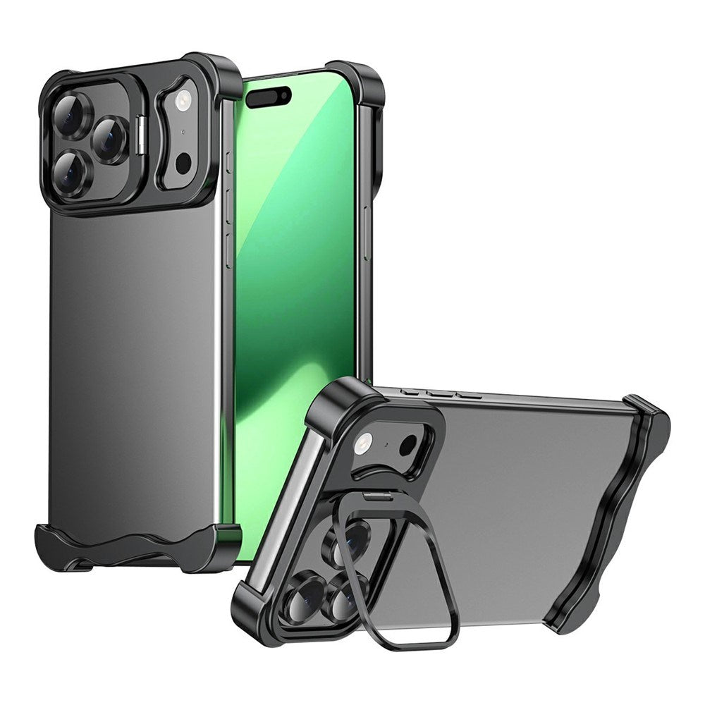 iPhone 17 Pro Todelt Metall Bumper Deksel m. Støttefunksjon & Linsebeskytter - Svart