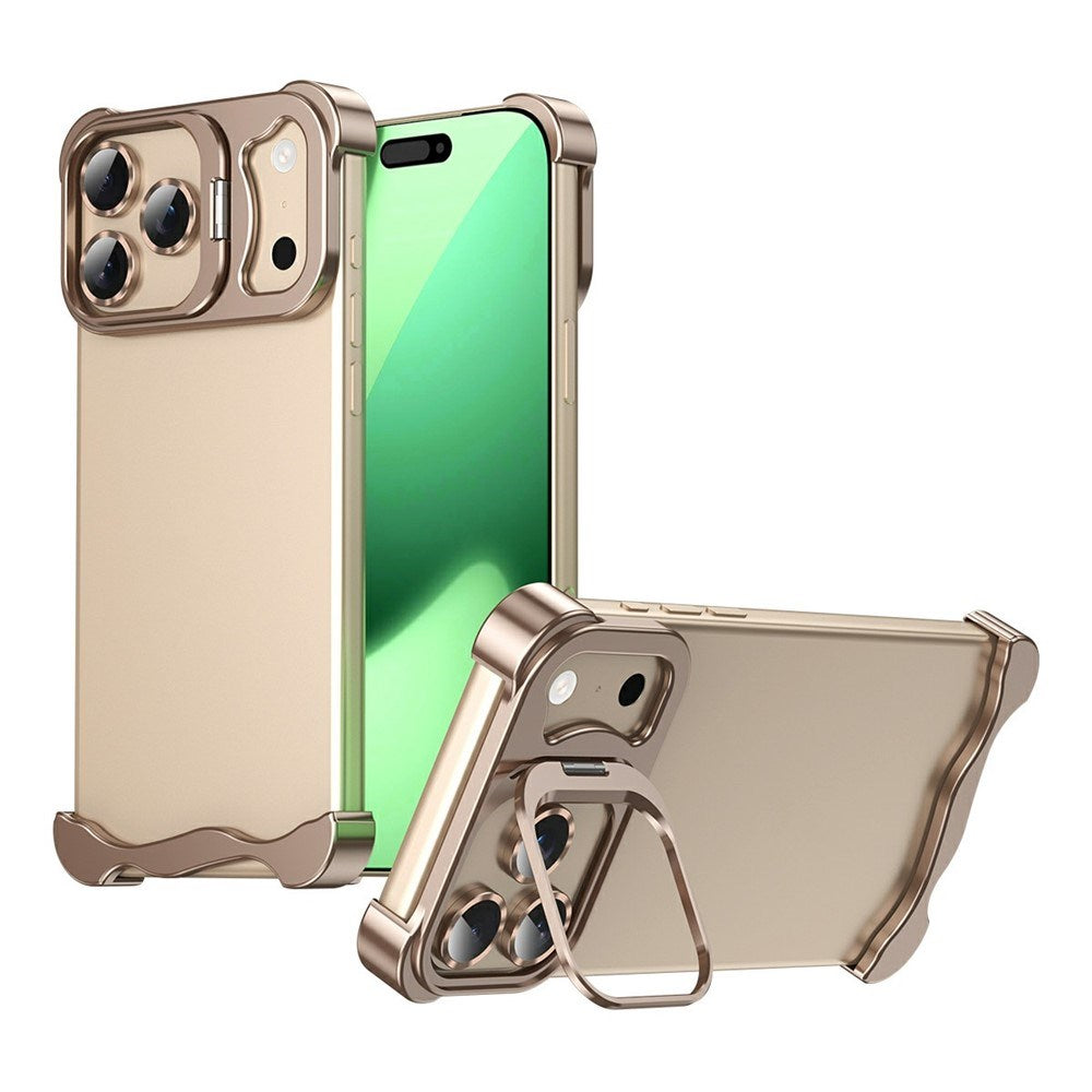 iPhone 17 Pro Todelt Metall Bumper Deksel m. Støttefunksjon & Linsebeskytter - Gull