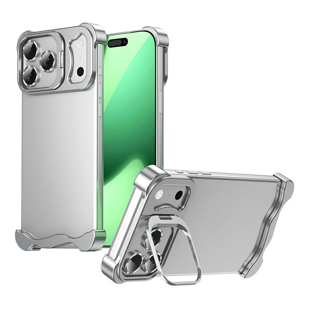 iPhone 17 Pro Todelt Metall Bumper Deksel m. Støttefunksjon & Linsebeskytter - Sølv