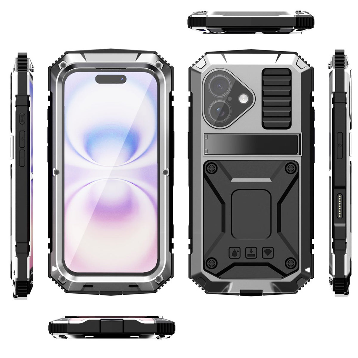 iPhone 17 R-JUST Hybrid Robust Deksel m. Innebygd Skjermbeskyttelse & Kickstand - Sølv