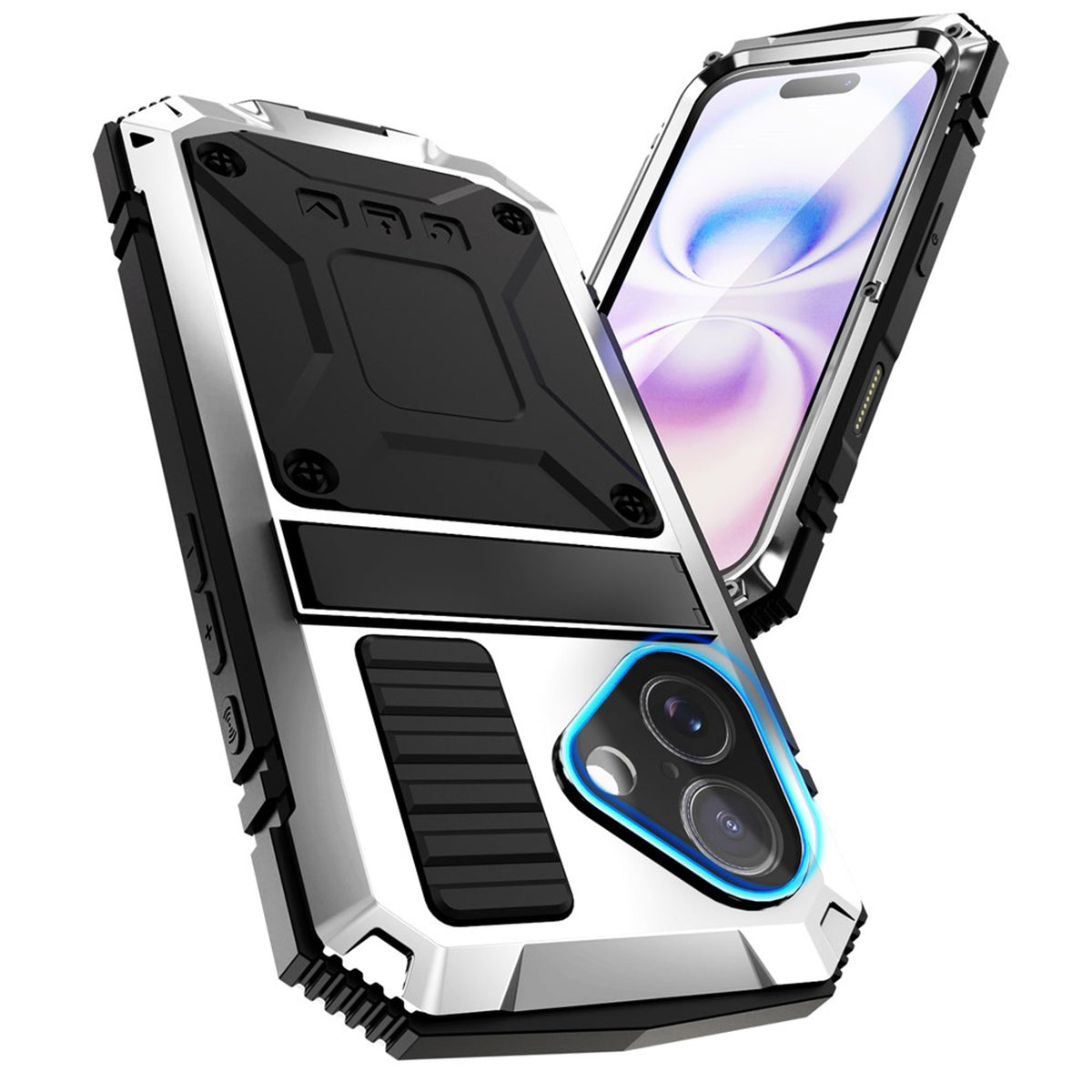 iPhone 17 R-JUST Hybrid Robust Deksel m. Innebygd Skjermbeskyttelse & Kickstand - Sølv